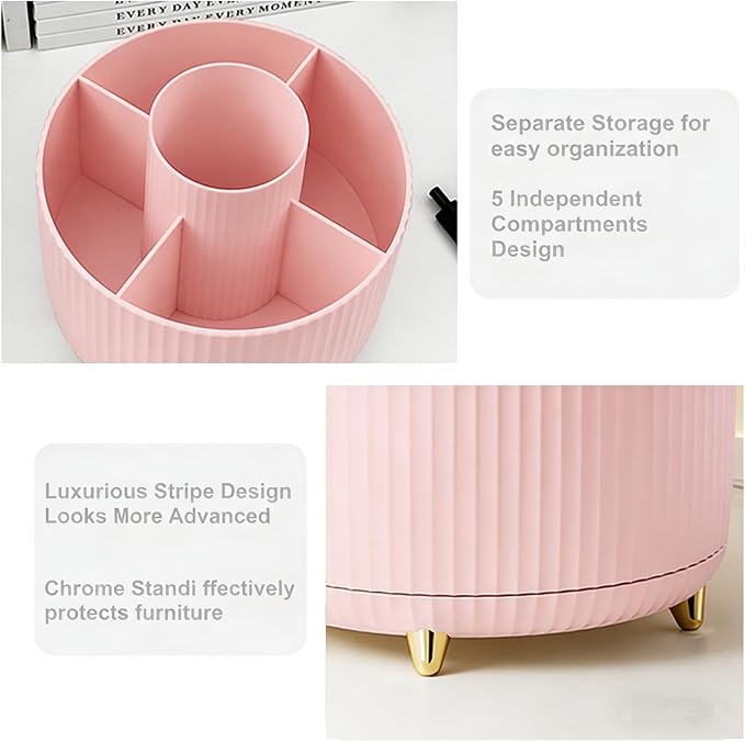 Pencil Pen Holder 5 Slots 360°Degree Rotating Pen Organizers for Desk Desktop Storage Stationery Supplies Cute Pencil Cup Pot Kids Desk Organizer for Office Home School（Pink 2）