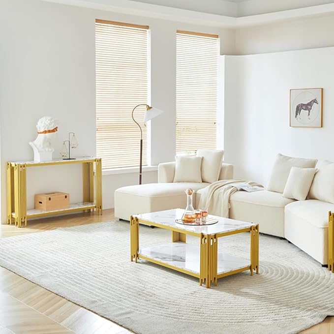 White Marble Coffee Table Set of 2, Faux Marble Coffee Tables and Gold White Console Table with Chrome Metal I-Base, Luxury Marble 2 Piece Living Room Table Set for Bedroom Home Office