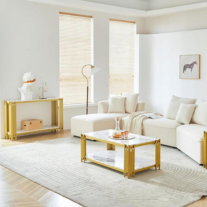 White Marble Coffee Table Set of 2, Faux Marble Coffee Tables and Gold White Console Table with Chrome Metal I-Base, Luxury Marble 2 Piece Living Room Table Set for Bedroom Home Office
