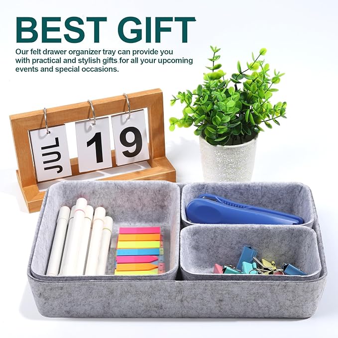 Desk Drawer Organizer | 7 Pack Felt Drawer Organizer Shallow Drawer Organizers Felt Storage Bins (Light Gray)