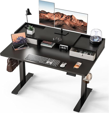 Kingant 48 x 30 Inch Electric Standing Desk with Dual Drawers, Adjustable Height Computer Desk for Home Office, Large Workstation Sit Stand Up Desk with Built-in Storage Shelf, Black