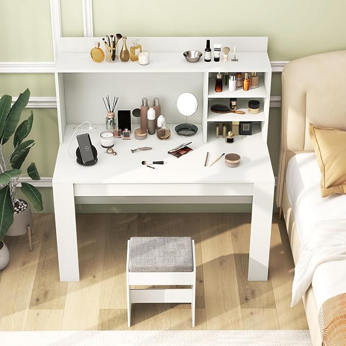 Giantex Computer Desk with Hutch, Modern Home Office Desk with Power Outlets, Storage Shelves & Cable Hole, Makeup Vanity Table, Study Writing Desk for Bedroom Office Small Space, White