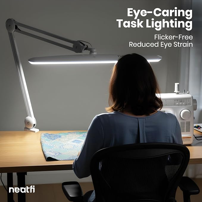 Neatfi XL 2,200 Lumens 24W LED Desk Lamp – 23” Wide Shade | Dimmable Eye-Caring Task Light | Adjustable Arm | Home Office, Study, Crafts & Nail Tech (White, Non-CCT with Clamp)