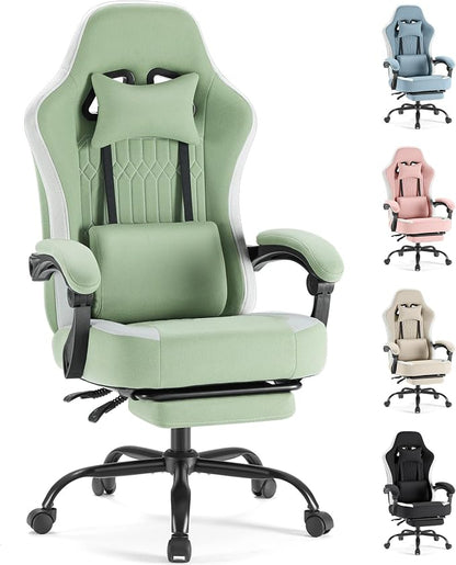 Sweetcrispy Computer Gaming Chair: High Back Ergonomic Desk Chair with Footrest and Lumbar Support, Height Adjustable with Linkage Armrests and Headrest, 360° Swivel Wheels, Fabric, Green