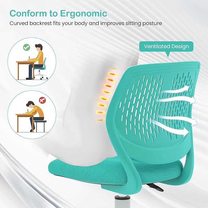 Giantex Kids Desk Chair, Armless Mesh Children Study Seat, Swivel Teen Desk Computer Chair with Adjustable Height & Lumbar Support, Turquoise