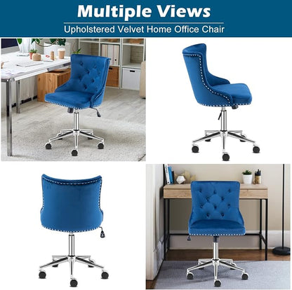 VINGLI Navy Blue Velvet Armless Home Office Desk Chair with Silver Chrome Base/Wheels, Cute Vanity/Makeup Chair with Back for Bedroom, Upholstered Adjustable Rolling Swivel Nail Chair for Women/Girls