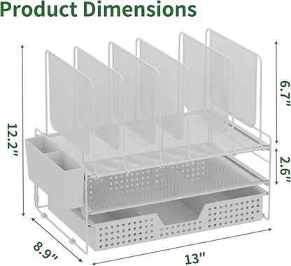 LEKETREE Desk Organizer, Office Organization with Vertical File Holder, File Organizer with Drawer and Pen Holder, Desk Accessories and Workspace Organizers for Home Office (White)