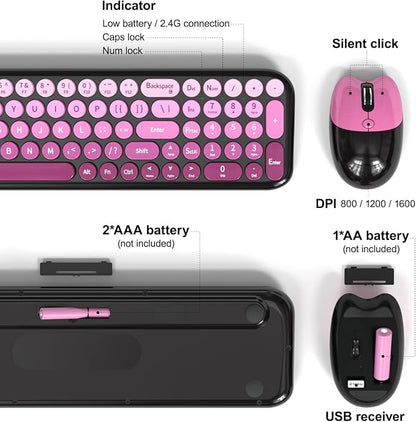 MOFII Wireless Keyboard and Mouse Combo, Compact Small Keyboard with Large Print, 2.4GHz Retro Typewriter Keyboard, Quiet Click Mouse for PC, Laptop, Desktop, Windows (Black Pink Gradient)