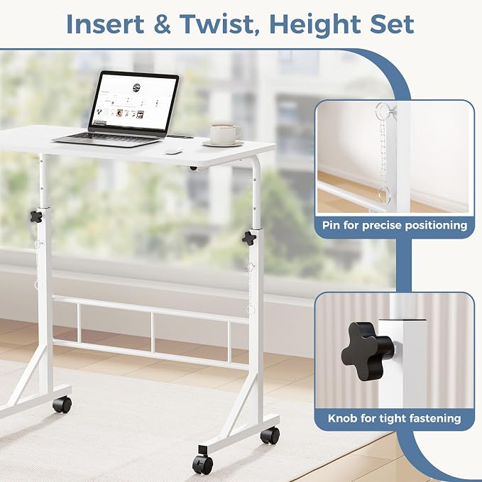 DUMOS 31.5" Walking Pad Desk, Portable Adjustable Height Rolling Laptop Desk with Lockable Wheels, Mobile Stand Up Computer Workstation for Treadmill Home Office White