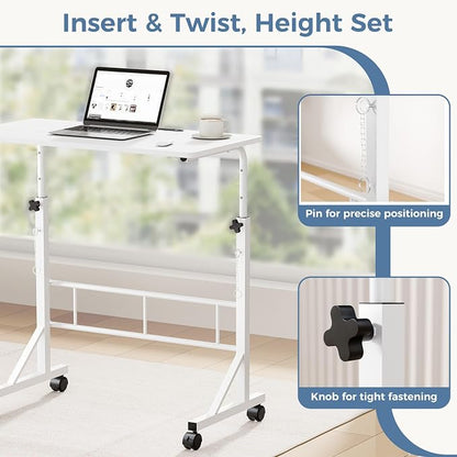 DUMOS 31.5" Walking Pad Desk, Portable Adjustable Height Rolling Laptop Desk with Lockable Wheels, Mobile Stand Up Computer Workstation for Treadmill Home Office White