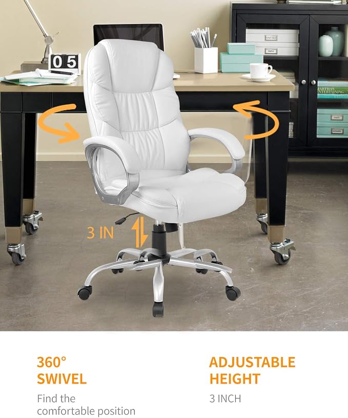 Office Chair Computer High Back Adjustable Ergonomic Desk Chair Executive PU Leather Swivel Task Chair with Armrests Lumbar Support (White)