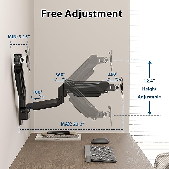 BONTEC Dual Monitor Wall Mount for 13-32 Inch Screens, Height Adjustable Gas Spring Arm with Tilt, Swivel & Rotate, Hold Up to 19.8 lbs, Fully Adjustable, Office & Home Use, VESA 75x75/100x100