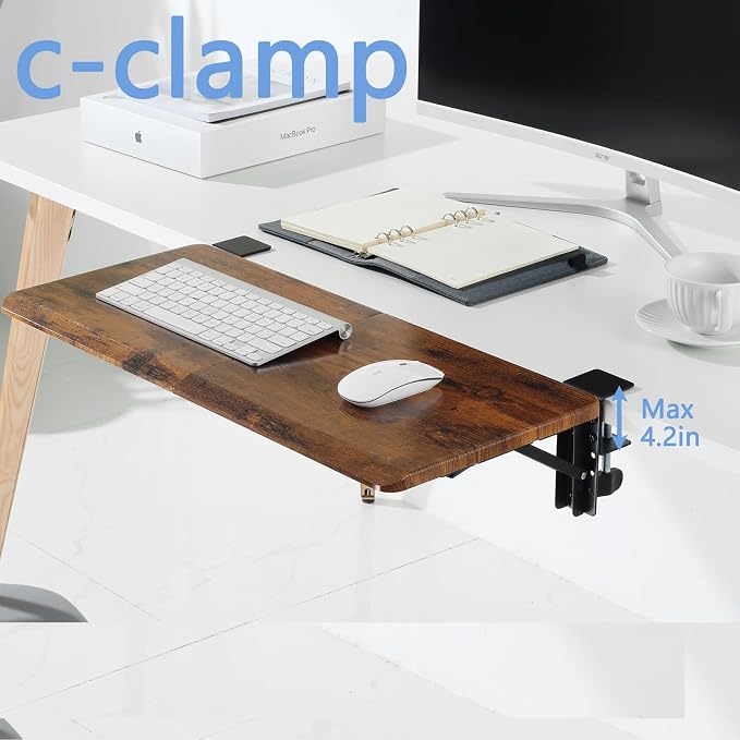 ETHU Ergonomics Desk Extender Tray, 25.6"x11.4" Large Size Foldable Keyboard Extender Tray Clamp On, Armrest Support for Home and Office (Wood)