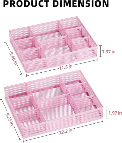 Marbrasse 2 Pack Desk Drawer Organizer, Mesh Drawer Organizer Tray with 8 Adjustable Compartments, Desk Organizers and Accessories, 5 Dividers Drawer for Office Supplies, Makeup & Vanity (Pink)