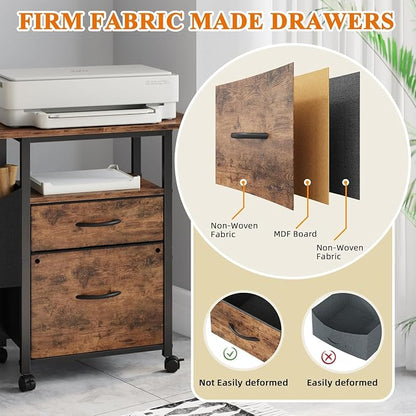 Simple Deluxe 2 Drawer File Cabinet with 24" Extended Desktop, Mobile Filing Cabinet, Rolling File Cabinet with Side Bag, Fabric Drawer, Fits A4/Letter Size, Printer Stand Home Office, Brown