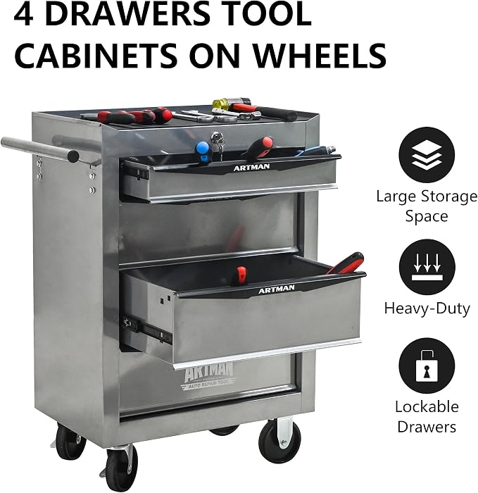 RYH 4-7 Drawers Rolling Tool Chest & Tool Box on Wheels | Heavy Duty Metal Cart with Ball Bearing Drawers | Fits US General Tool Box for Garage Storage (Silver, 4 Drawers（30.5" H × 20.9" W × 13" D)