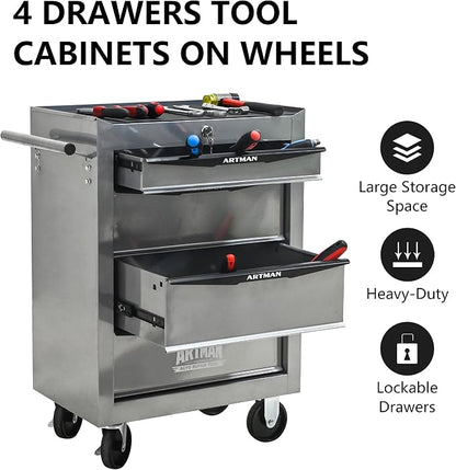 RYH 4-7 Drawers Rolling Tool Chest & Tool Box on Wheels | Heavy Duty Metal Cart with Ball Bearing Drawers | Fits US General Tool Box for Garage Storage (Silver, 4 Drawers（30.5" H × 20.9" W × 13" D)