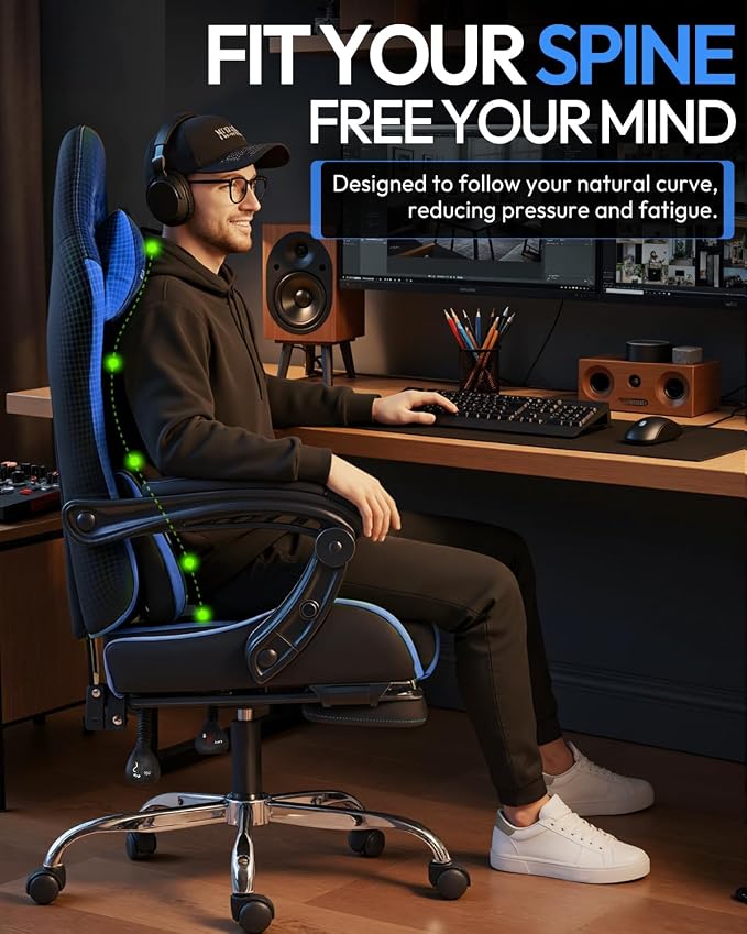 Dowinx Ergonomic Gaming Chair with Footrest & Massage Lumbar, 2D-Linkage Armrests for Computer Chair 330lbs with Headrest Pillow for Office, Home, Streaming and Long Gaming Sessions, Blue