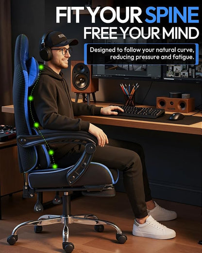 Dowinx Ergonomic Gaming Chair with Footrest & Massage Lumbar, 2D-Linkage Armrests for Computer Chair 330lbs with Headrest Pillow for Office, Home, Streaming and Long Gaming Sessions, Blue