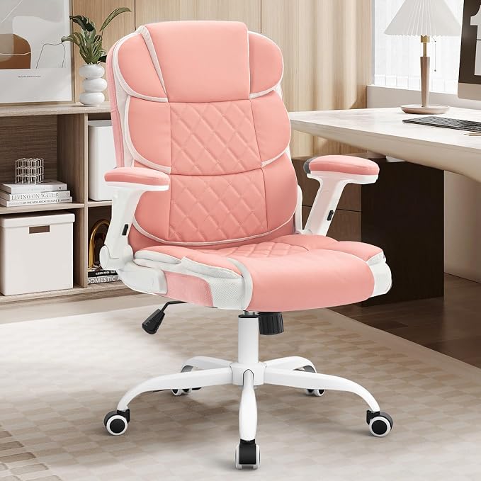 Pink Office Chair Ergonomic Desk Chair with Lumbar Support, Flip-Up Arms, Adjustable Swivel Computer Chair with Wheels, Comfortable PU Leather Cute Office Chair for Home Office Small Space