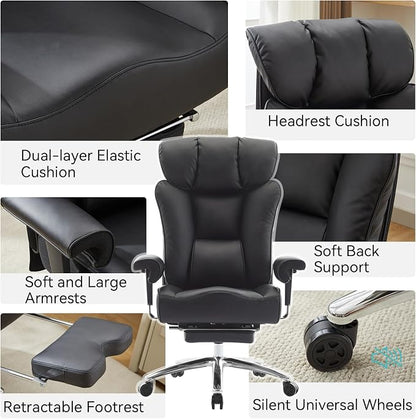 Efomao Big and Tall Executive Office Chair 450lbs,Black | 5.9" Thick Pocket Spring Cushion, Reclining Breathable PU Leather Desk Chair with Foot Rest, Soft Comfortable Support