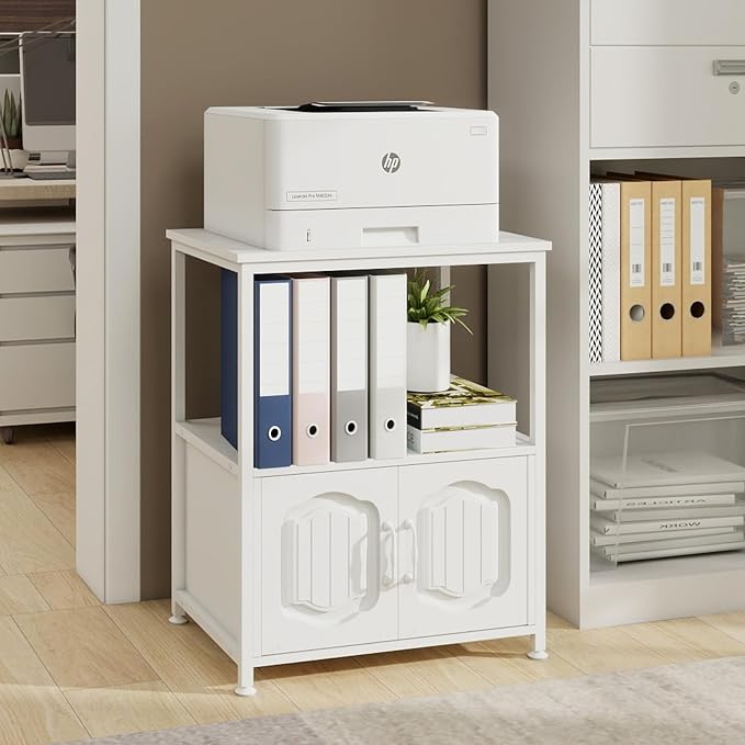 Natwind 3 Tier Printer Stand with File Cabinet, Vertical Filling Cabinet with Open Shelves, Decorative Wood Printer Shelf with Storage for Home Office, White
