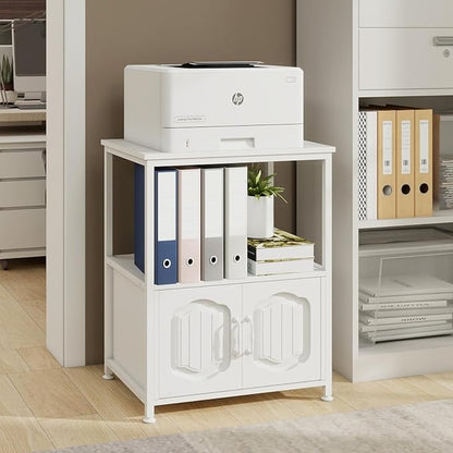 Natwind 3 Tier Printer Stand with File Cabinet, Vertical Filling Cabinet with Open Shelves, Decorative Wood Printer Shelf with Storage for Home Office, White