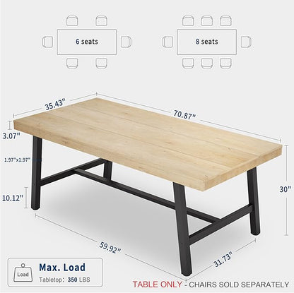 GarveeHome Industrial Dining Table for 6-8 People, 70.87" Long Large Kitchen Table with Sturdy Metal Frame, Rectangular Counter for Dinner, Kitchen, Dining Room (Natural, 71" Non-extendable)