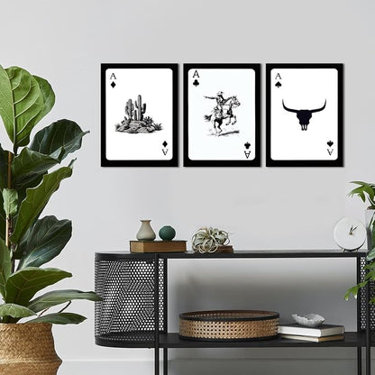 Western Cowboy Wall Art Set of 3 Southwestern Cowboy Print Playing Card Canvas Wall Decor Longhorn Bull Skull Poster Picture Prints Painting for Bedroom Living Room 16x24 In Framed