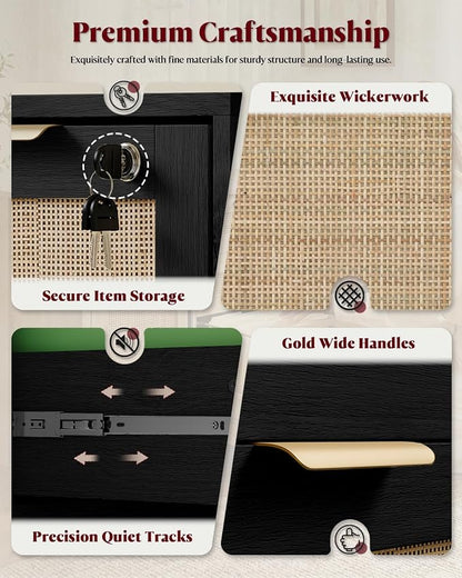 HOPUBUY 3 Drawer File Cabinet with Lock, Small Rattan Filing Cabinets with Wheels, Wood Rolling Office Storage for Under Desk Home Office,Black