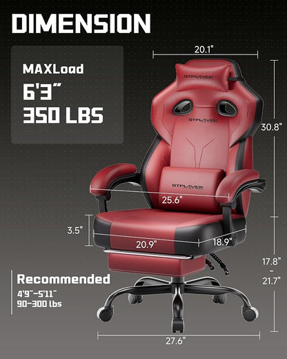 GTPLAYER Big & Tall Gaming Chair, 90°-155° Adjustable Reclining Office Seat with Footrest, Ergonomic Comfy Computer Desk Chair for Adults, Home Office Gaming Study Use, Wine Red (Leather)