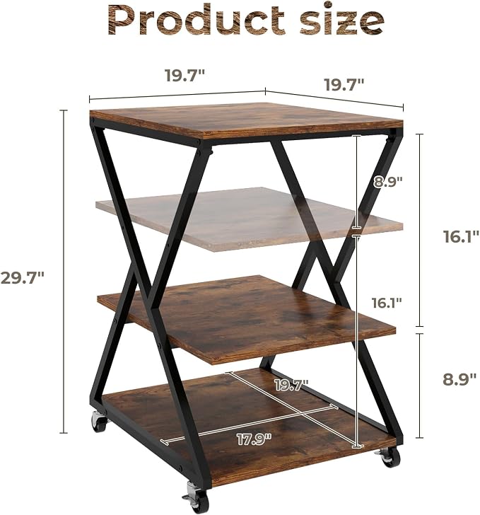 Natwind 3 Tier Printer Stand, 19.7''x19.7'' Large Printer Table with Height Adjustable Shelf, Rolling Printer Cart with Wheels,Multifunctional Organizer Shelf for Home Office Kitchen（Retro）