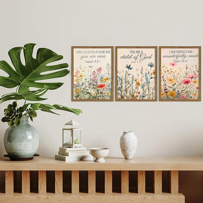 MLKZNOI 3Pcs Christian Floral Scripture Posters Wall Art, Wildflower Bible Verse Canvas Wall Decor, Psalm Religious Faith Art Pictures Prints for Living Room Bedroom Decorations 16x24in Unframed