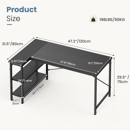 DUMOS 55 Inch L Shaped Gaming Desk Corner Computer Desks Home Office PC Table for Writing Working Study Bedroom with Reversible Storage Shelves,Black
