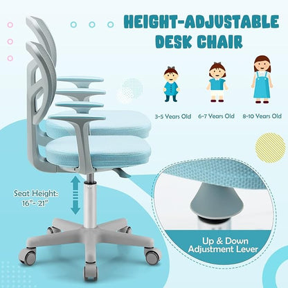Kids Desk Chair, Height Adjustable Children Study Chair w/Lumbar Support, Swivel Mesh Seat, Universal Casters, Ergonomic Kids Task Chair for Boys Girls Aged 3-10, Home, School, Office(Blue)