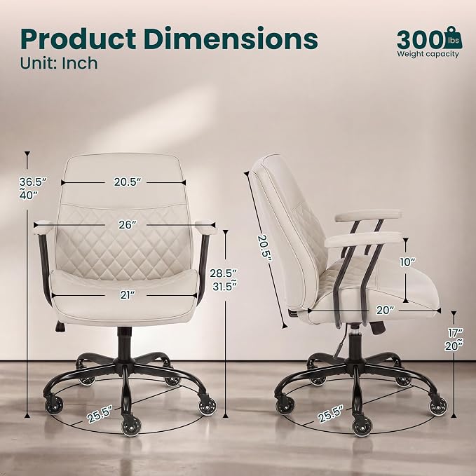 NEO CHAIR Ergonomic Leather Office Desk Chair with Adjustable Armrests Mid Back Lumbar Support Swivel Executive Computer Chair with Wheels Comfy Home Office Chair for Adults (Ivory)