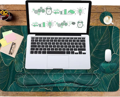 Ergonomic Large Mouse Pad and Keyboard Wrist Rest, Desk Pad for Keyboard and Mouse, 4-in-1 Large Gaming Mouse Pad with Wrist Support for Home Office Study Game-Green Leaves