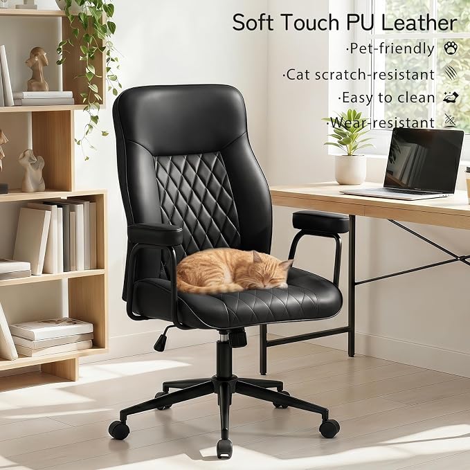 Furniliving Leather Office Chair, Comfy Home Office Desk Chair, Mid Century Modern Office Chair with Lumbar Support, Mid-Back Adjustable Swivel Computer Chair with Wheels and Arms, Black