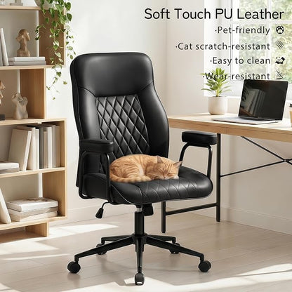 Furniliving Leather Office Chair, Comfy Home Office Desk Chair, Mid Century Modern Office Chair with Lumbar Support, Mid-Back Adjustable Swivel Computer Chair with Wheels and Arms, Black
