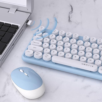 UBOTIE Colorful Wireless Keyboard and Mouse Combos, Retro Typewriter Floating Flexible Full-Sized Keys Computer Keyboard with Optical Mouse, 2.4GHz USB-A Connection for Windows Mac (Blue-White)
