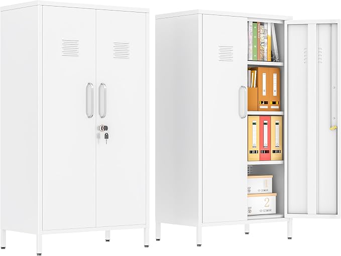 pozdeg 47.24" Metal Storage Locker with Lockable, Employees Metal Steel Locker with 2 Door ＆ 3 Adjustable Shelves, Small Locker Storage Cabinets for Home, School, Office, Gym (White)