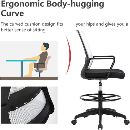 BestOffice Drafting Chair Tall Office Chair Adjustable Swivel Rolling Mesh Height with Lumbar Support Arms Footrest Mid Back for Adults Standing Desk Drafting Stool (Beige)