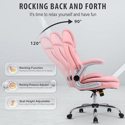 Ergonomic Executive Office Chairs with Adjustable Lumbar Support, 90-120° Rocking Managerial Chair Swivel Desk Chairs with Padded Flip-up Armrests (Pink), Medium(300lbs)