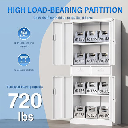 BESFUR Metal Storage Cabinet with 2 Drawers and Adjustable Shelves, 71" H Reinforced Heavy Duty Locking Storage Cabinet for Office, Garage, Home, School, Utility(White)