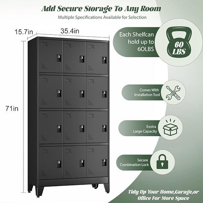 Metal Lockers for Employees-12 Doors Storage Locker with Shelves and Lockable Steel Cabinet for School,Gym,Office,Staff,Assembly Required,Black