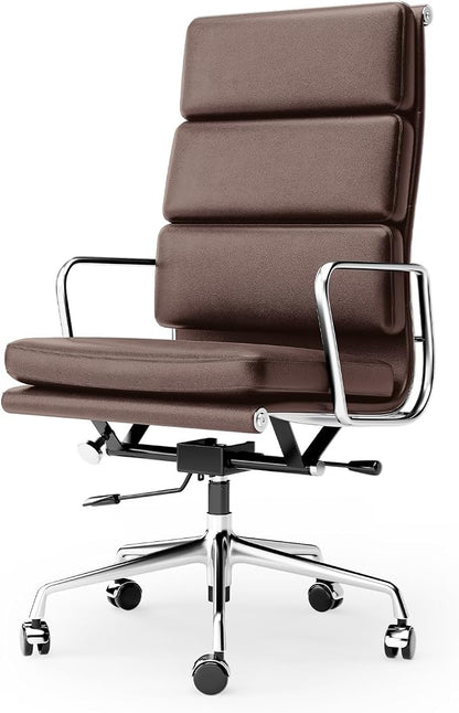 Genuine Leather Office Chair, Padded High Back Ergonomic Executive Desk Chair with Aluminum Arm Rest and Base, Swivel Wheels with Lumbar Support & Tilting Function, Hight Adjustable, Dark Brown