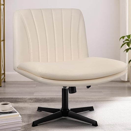 PUKAMI Criss Cross Chair,Comfy Cross Legged Office Desk Chair No Wheels,Modern Fabric Swivel Adjustable Height Mid Back Wide Seat for Home Office Computer (Pu Beige)