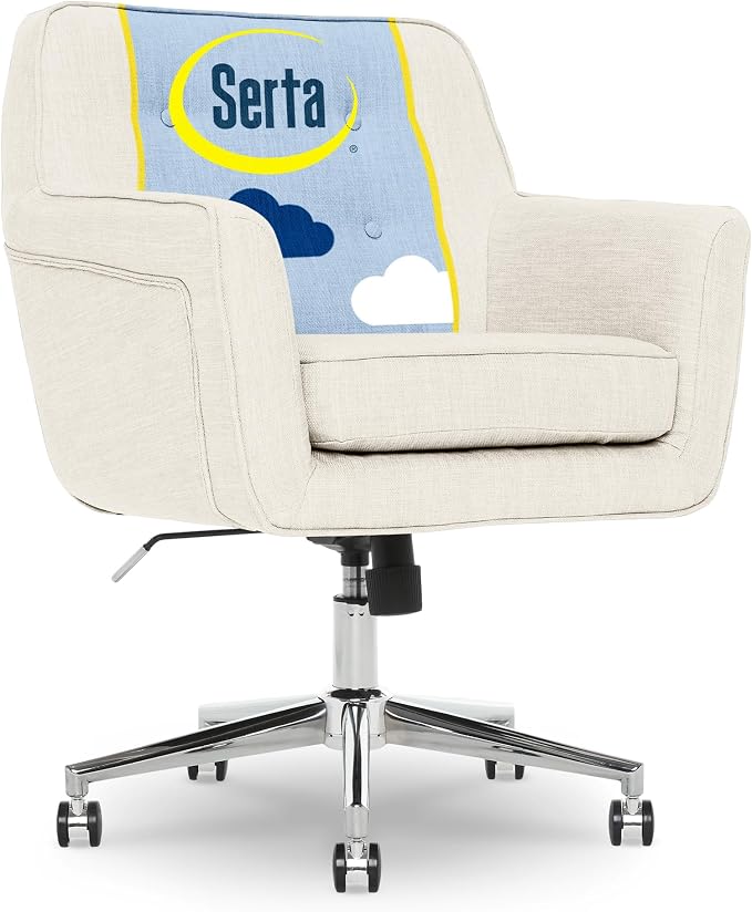 Serta Ashland Home Office Desk Chair with Button Tufted Mid-Back, Memory Foam Cushion and Padded Arms, Mid Century Modern Vanity Armchair with Wheels for Bedroom, Chrome Metal Base, Ivory