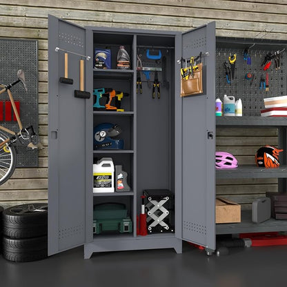 IRONFFICE Lockable Storage Cabinet,Metal Garage Storage Cabinets with Doors,Steel Utility Closet Cabinet with Adjustable Shelves,Locking Cabinet for Home,Garage,Gray