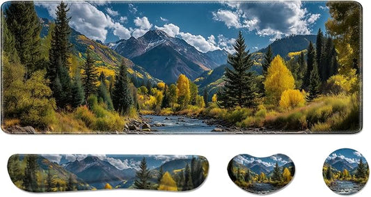 Desk Pad and Keyboard Wrist Rest, Large Mouse Pad + Keyboard Pad+Mouse Wrist Support, Non-Slip Desk Mat Protector for Office, Home 31.5×11.8 Inches Fall Forest